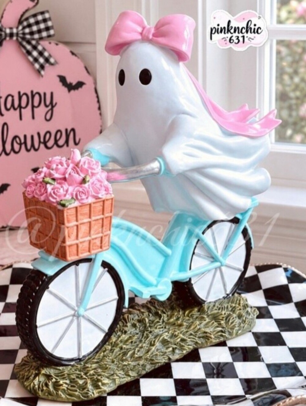 Large Girlie Ghost on Bike Pink Coquette Bow Floral Roses Basket Halloween Decor